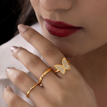 EYRA Ring Anti-Tarnish Pack of 3 Golden Crystal (Adjustable Size)