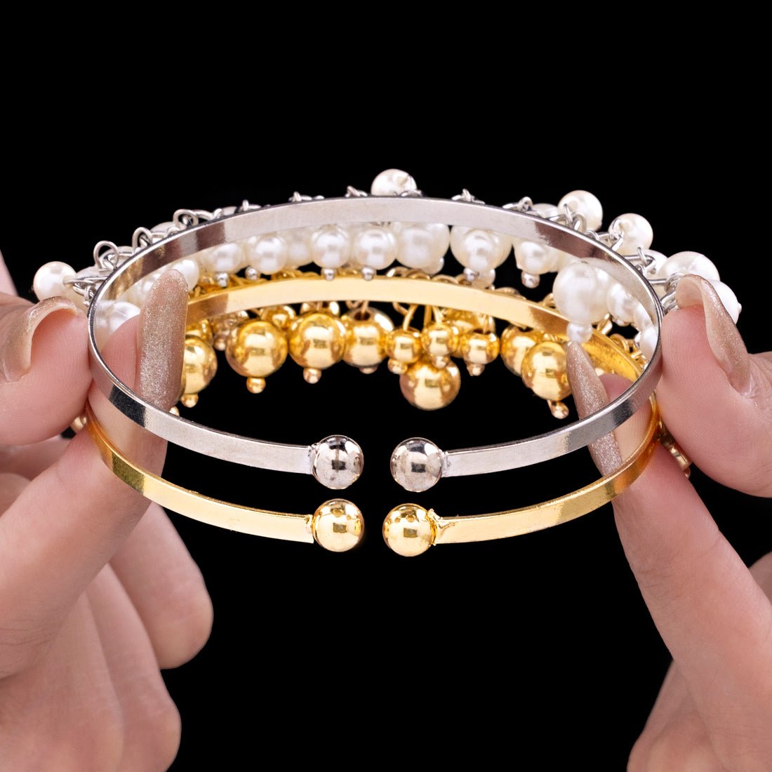 EYRA Bracelet Anti-Tarnish Golden & Pearl Bangle Set (Adjustable Size)