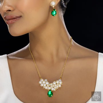 EYRA Necklace Anti-Tarnish Pearl & Crystal Set With Earrings