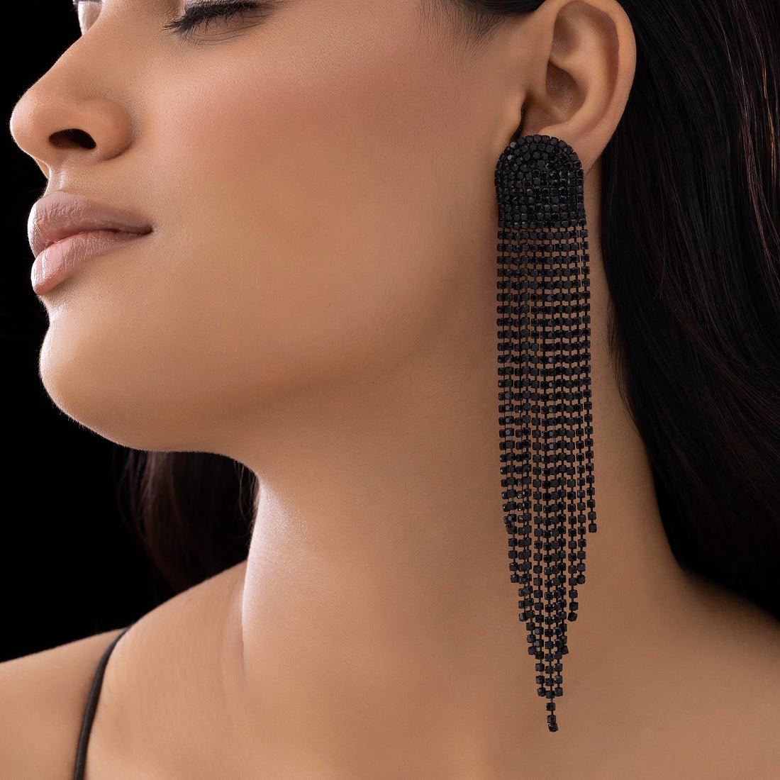 EYRA Earrings Anti-Tarnish D-Shaped Statement Danglers with Rhinestone Tassels