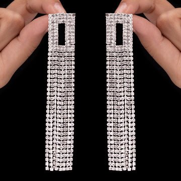 EYRA Earrings Anti-Tarnish Hollow Square Rhinestone Tops with Tassels