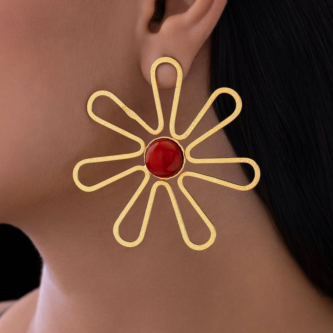 EYRA Earrings Anti-Tarnish Flower Statement with Red Cabochon Danglers