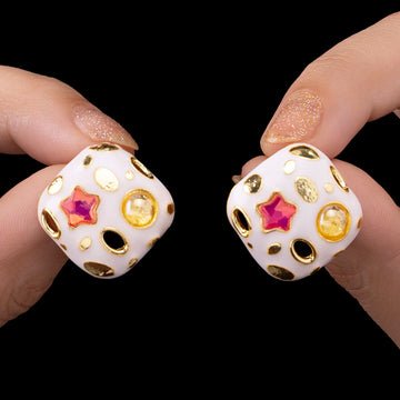 EYRA Earrings Anti-Tarnish Ivory Enamel Square Crystal Tops