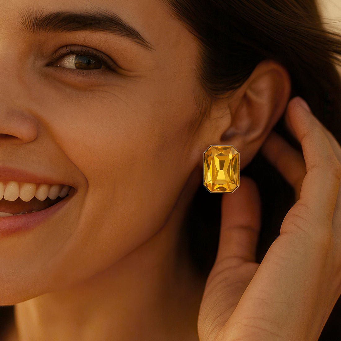 EYRA Earrings Anti-Tarnish Rectangle Shape Light Topaz Crystal Studs