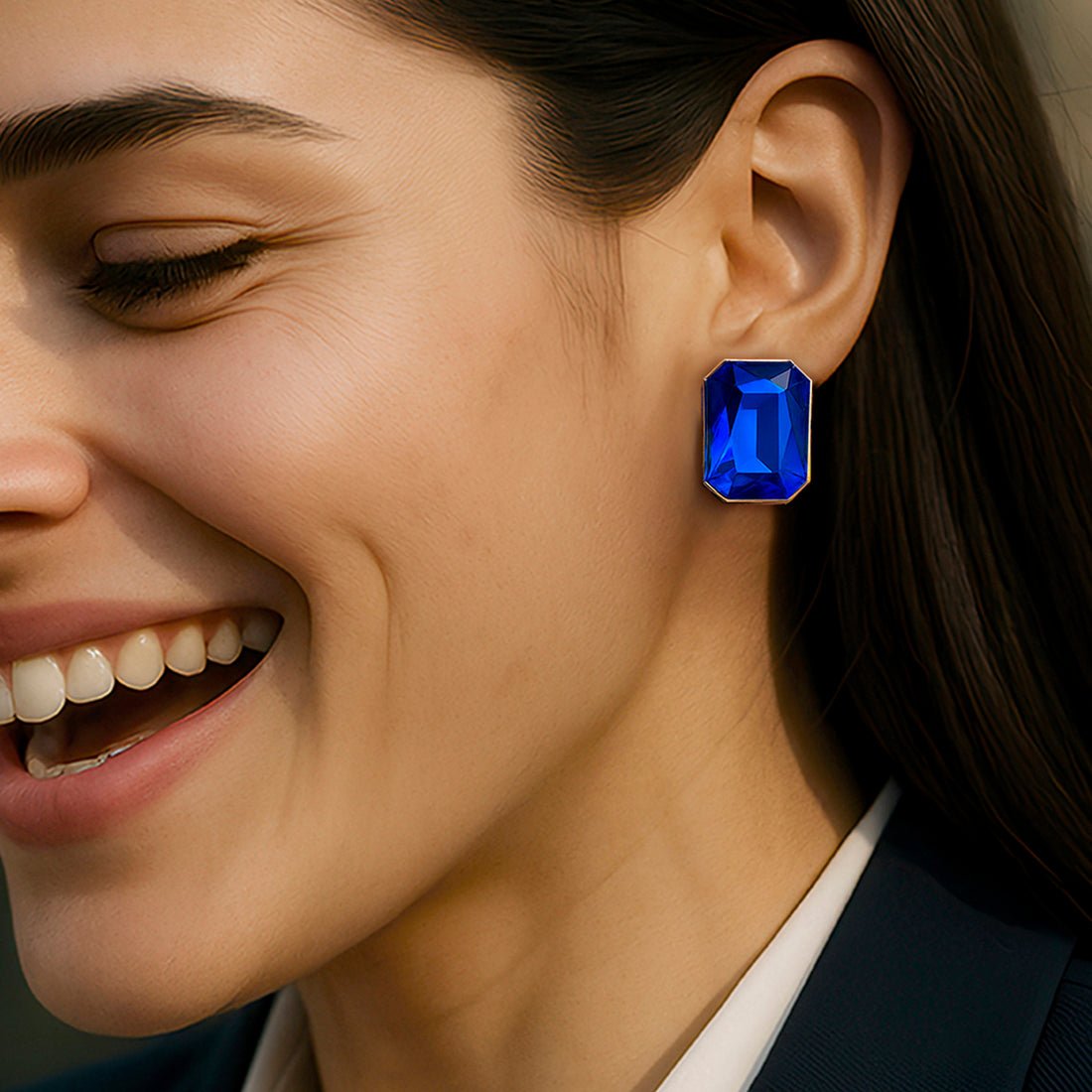 EYRA Earrings  Anti-Tarnish Rectangle Shape Blue Sapphire Crystal Studs