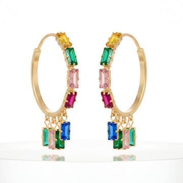 EYRA Earrings Anti-Tarnish Rectangle Multicoloured Crystal Charms Hoop