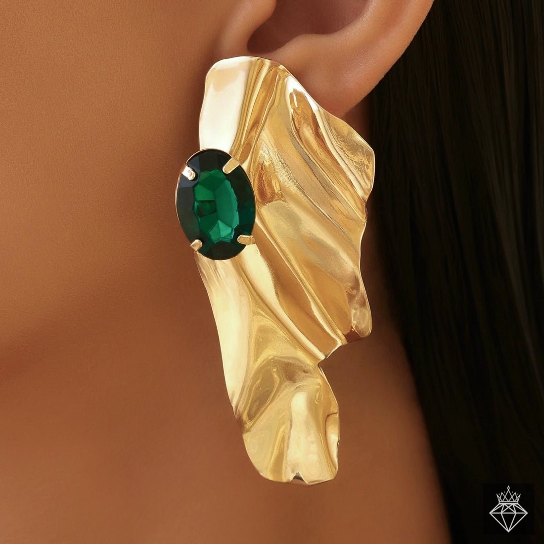 EYRA Earrings Anti-Tarnish Golden Statement Emerald Studs
