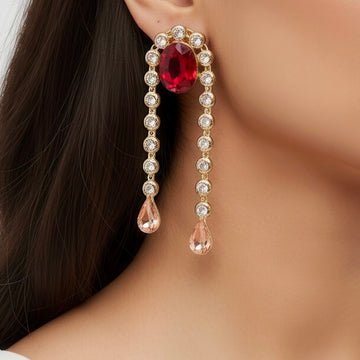 EYRA Earrings Anti-Tarnish Oval Dangle With Studded Chain & Drop Crystal