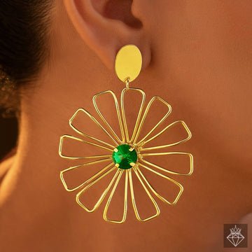 EYRA Earrings Anti-Tarnish Golden Flower & Emerald Danglers