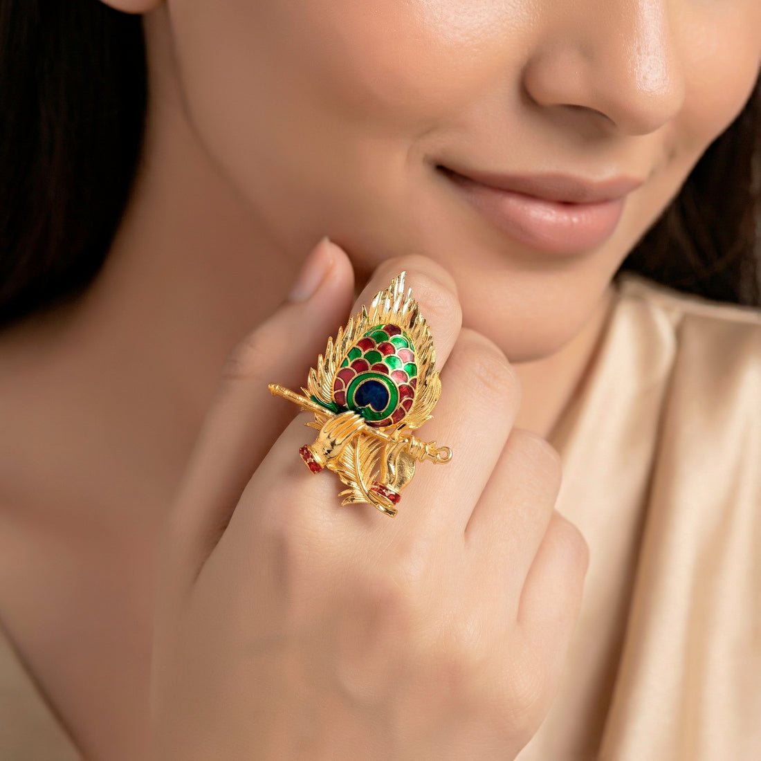 EYRA Ring Anti-Tarnish Krishna Peacock Feather Statement