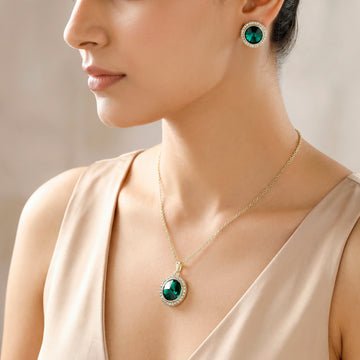 EYRA Necklace Anti-Tarnish Emerald Crystal Pendant Set With Earrings