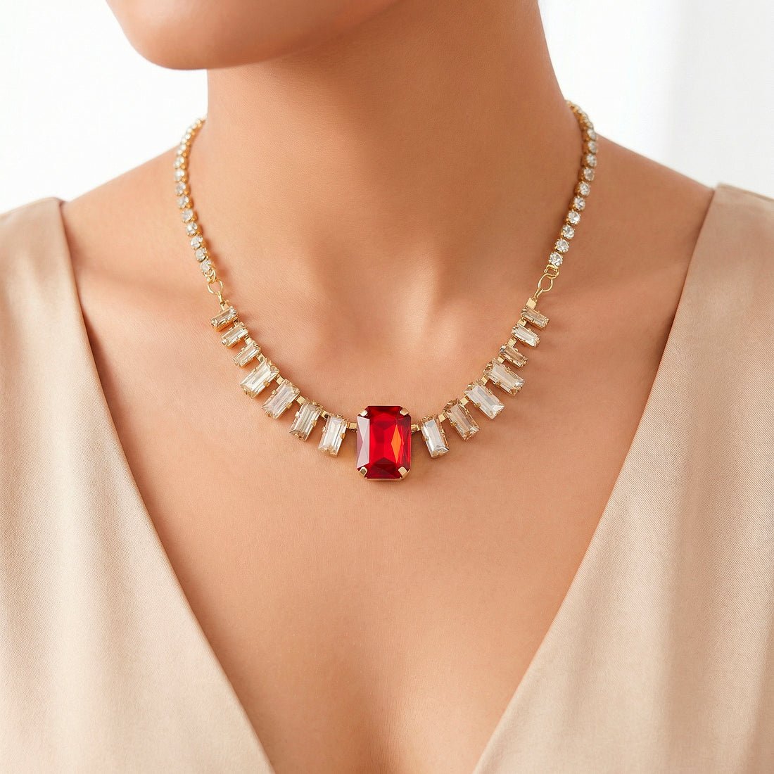 EYRA Necklace Anti-Tarnish Baguette Crystal Set With Earrings