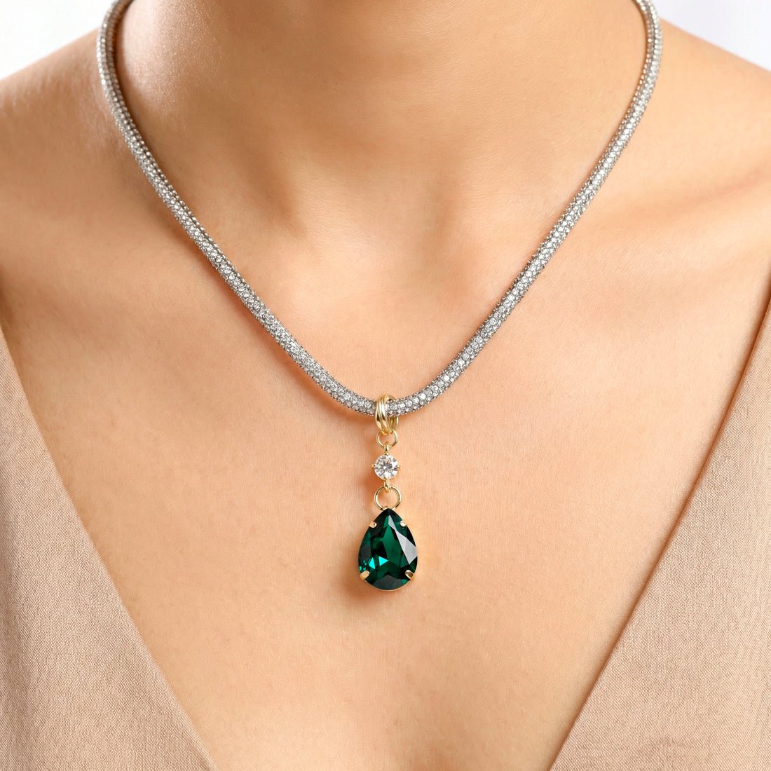 EYRA Necklace Anti-Tarnish Drop-Shaped Crystal Pendant Set With Earrings