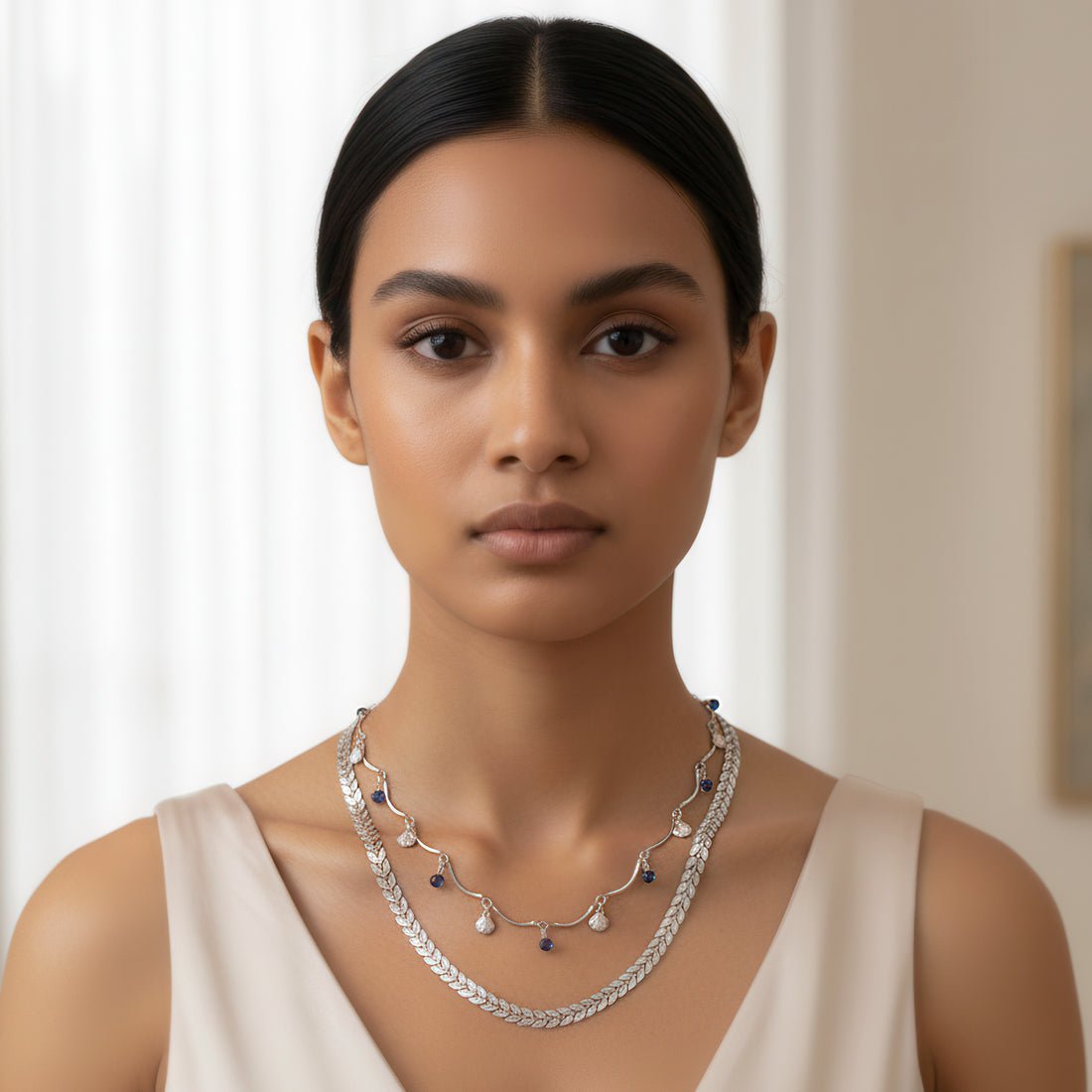 EYRA Necklace Anti-Tarnish Double Layer Chevron Chain with Shell Charms