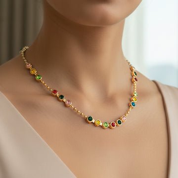 EYRA Necklace Anti-Tarnish Multi-Crystals & Ball Chain Single-Line