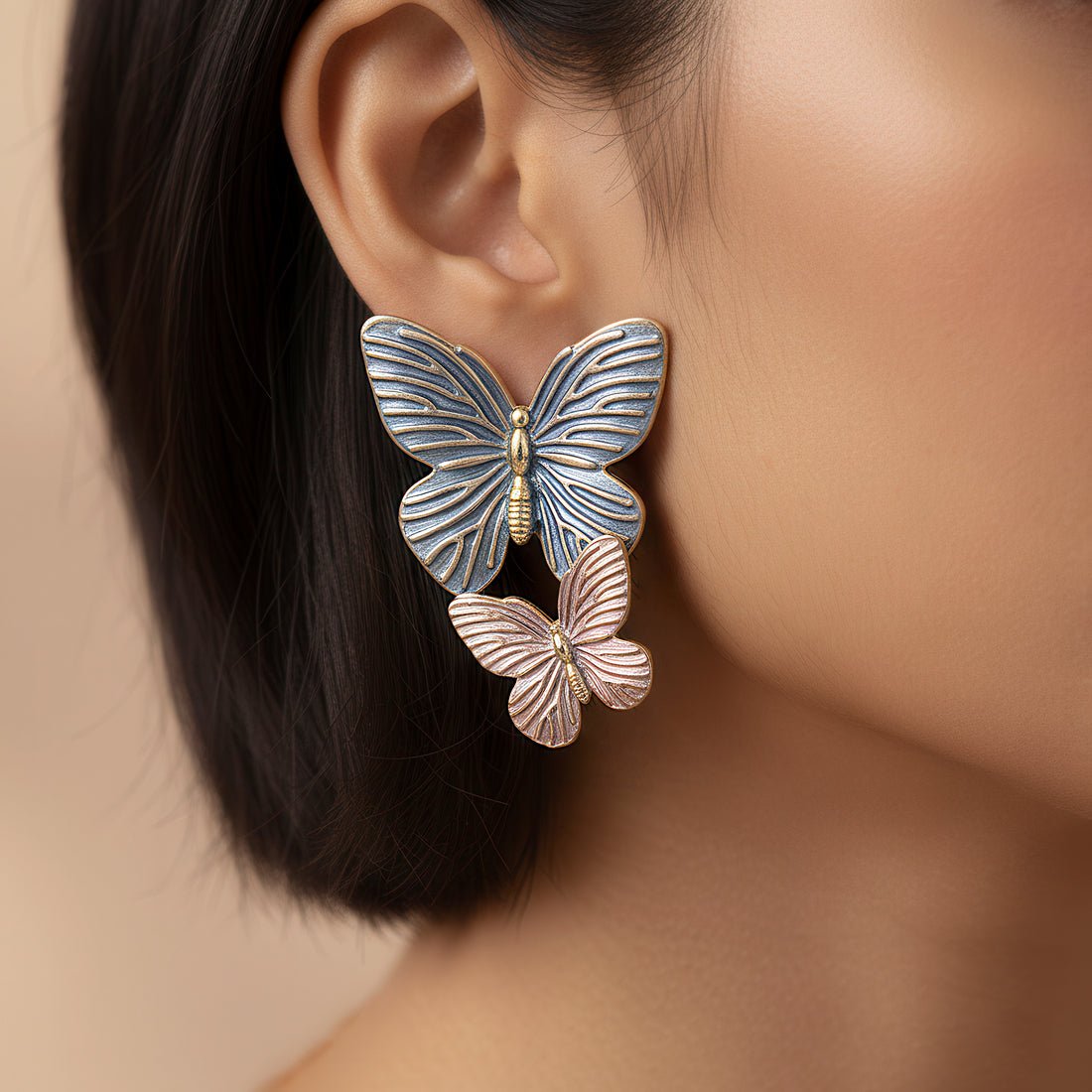 EYRA Earrings Anti-Tarnish Blue and Pink Enamel Butterfly Danglers