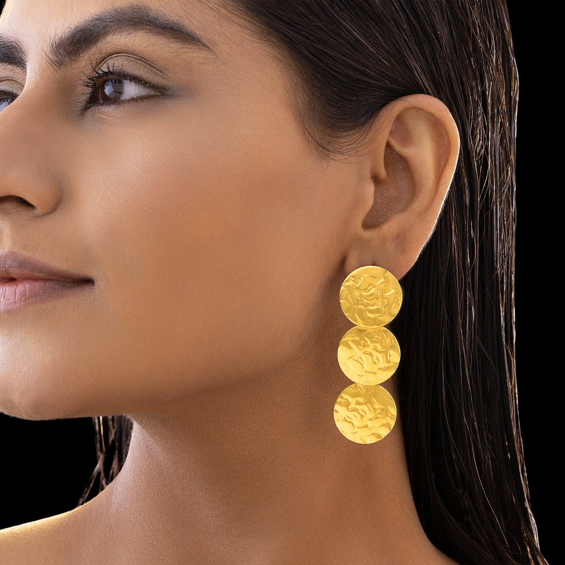 EYRA Earrings Anti-Tarnish Golden Triple Coins Textured Classy Danglers