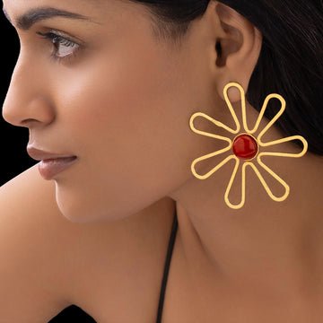 EYRA Earrings Anti-Tarnish Flower Statement with Red Cabochon Danglers