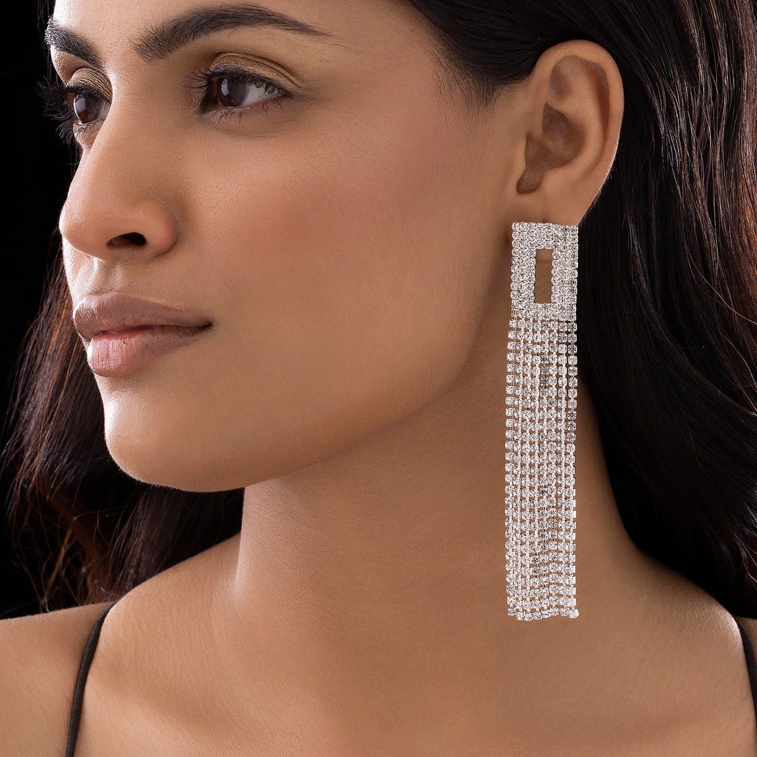 EYRA Earrings Anti-Tarnish Hollow Square Rhinestone Tops with Tassels