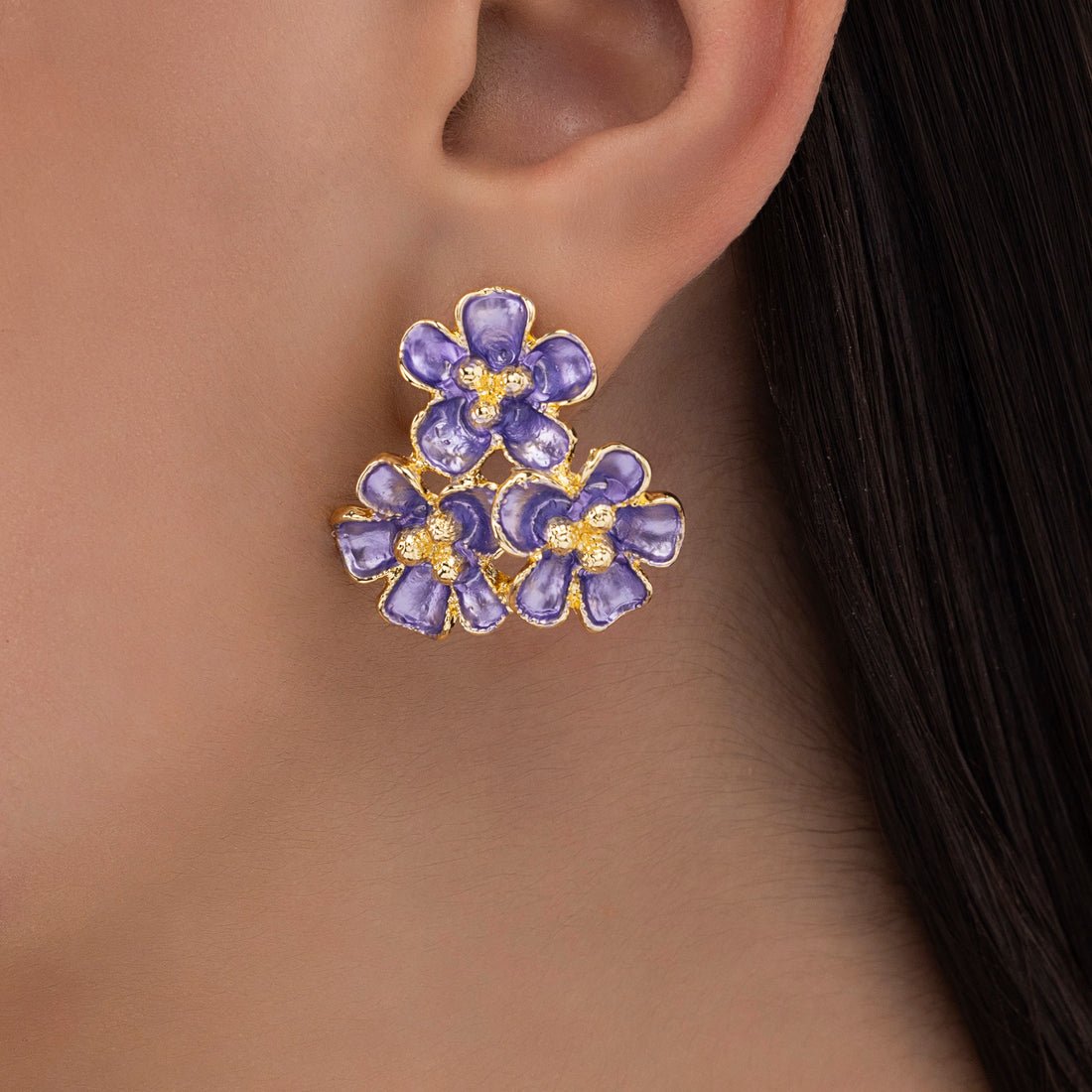 EYRA Earrings Anti-Tarnish Purple Enamel Bunch of Flowers Statement Studs