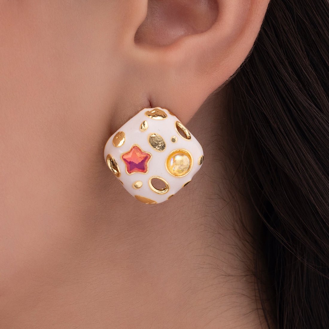 EYRA Earrings Anti-Tarnish Ivory Enamel Square Crystal Tops