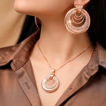 EYRA Necklace Anti-Tarnish Hollow Multi-Layer Circle Studded Pendant Set With Earrings