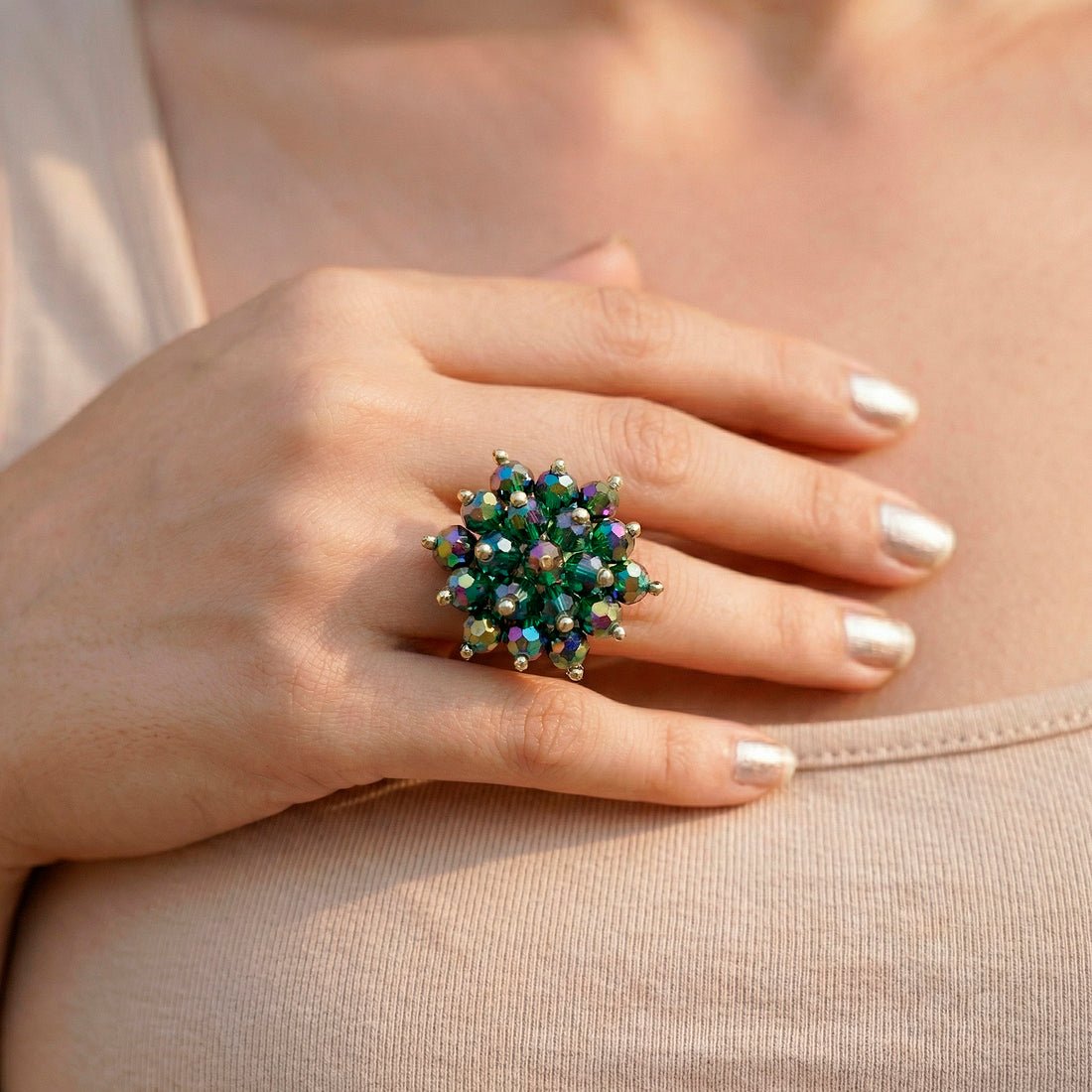 EYRA Ring Anti-Tarnish Rainbow Beaded Crystal Cluster Cocktail