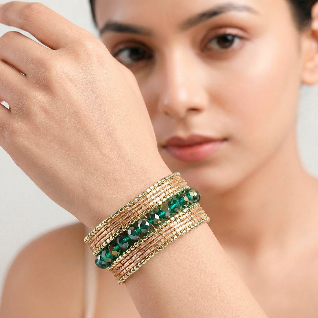 EYRA Bracelet Anti-Tarnish Bugle and Bead Broad Flexible Cuff