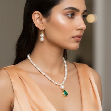 EYRA Necklace Emerald Crystal & Pearl Set with Earrings