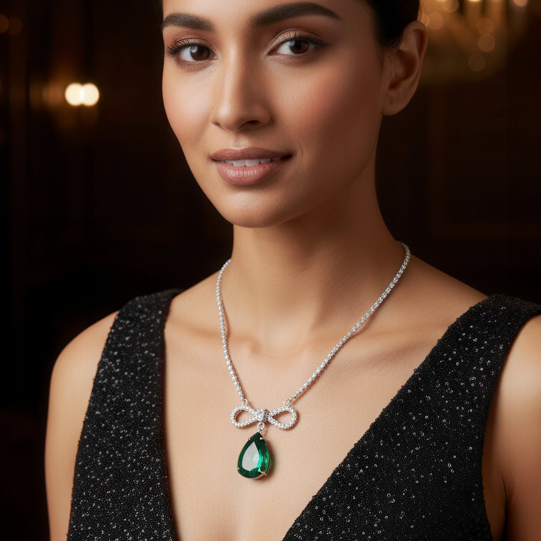 EYRA Necklace Anti-Tarnish Crystal Studded INFINITY Emerald Green Pendant