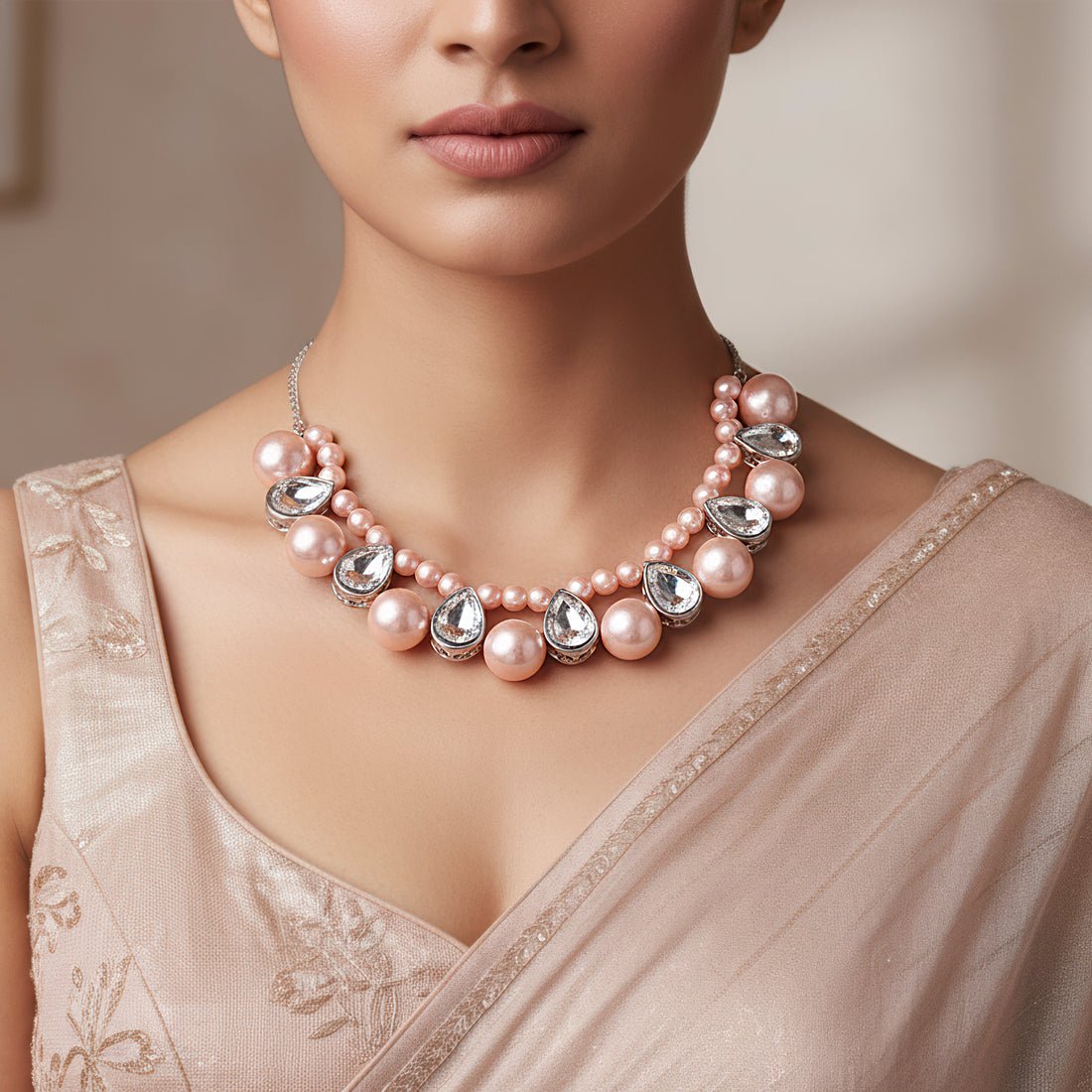 EYRA Necklace Rose Pink Pearl & Crystal Statement