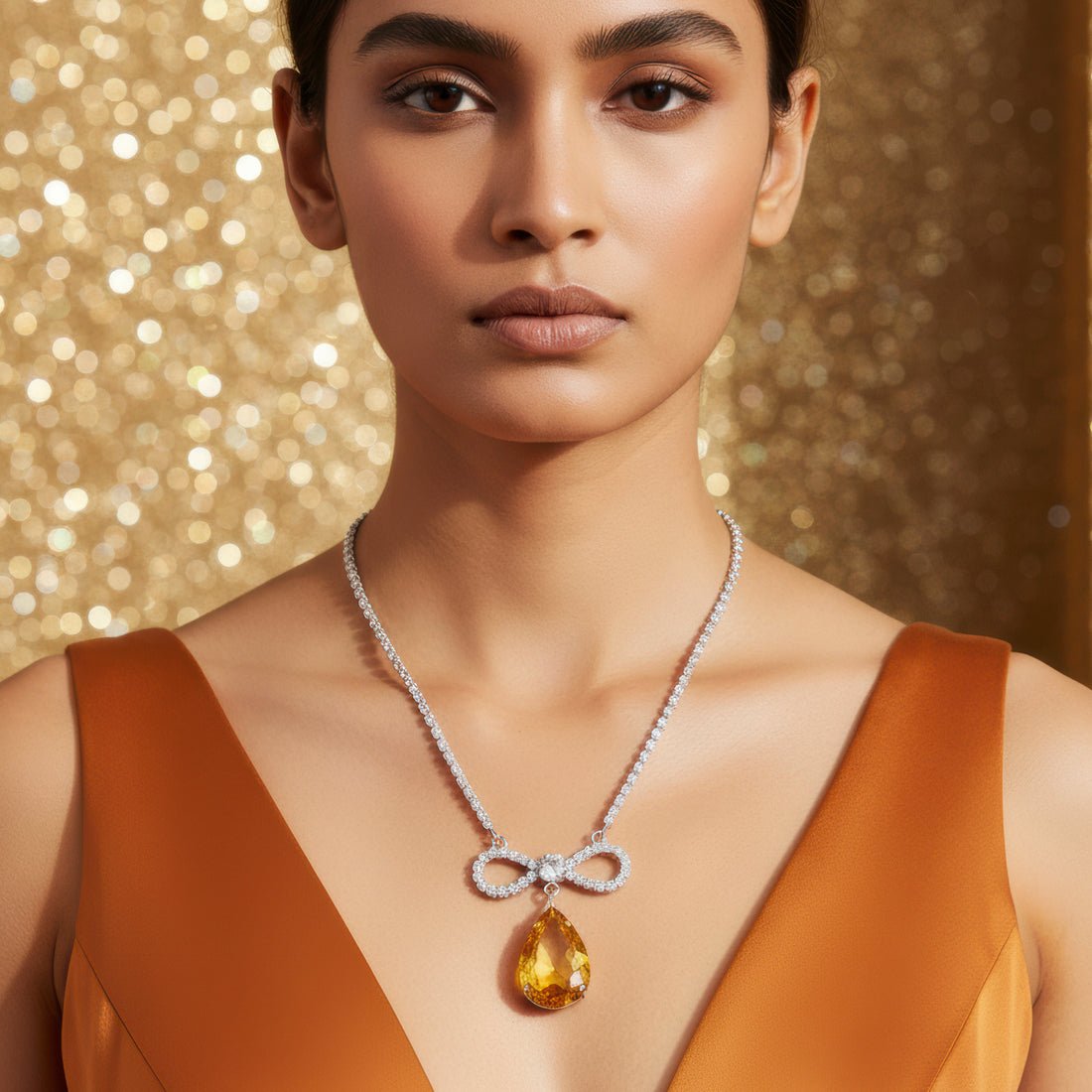 EYRA Necklace Anti-Tarnish Crystal Studded INFINITY Yellow Topaz Pendant