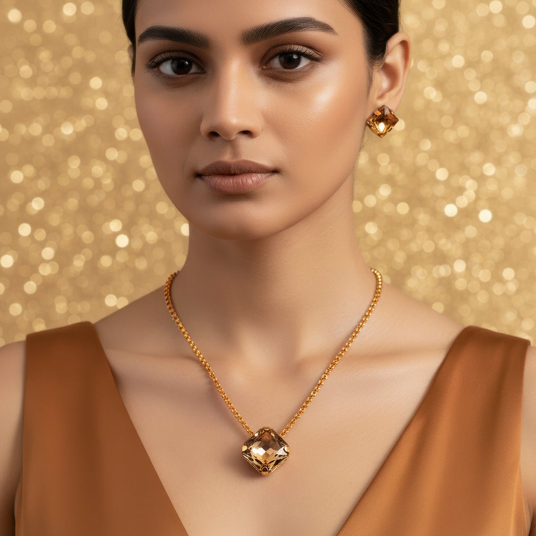 EYRA Necklace Anti-Tarnish Rhinestone Chain Pendant Set With Earrings
