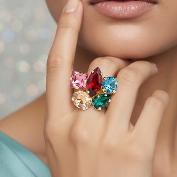 EYRA Ring Anti-Tarnish 5 Multi Crystals Mixed Shapes Broad Band (Adjustable Size)