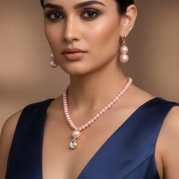 EYRA Necklace Rose Pink Pearl & Crystal Set with Earrings